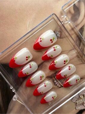 Handmade Cherry French Tip Press On Nails – Glossy Red & White | Size M